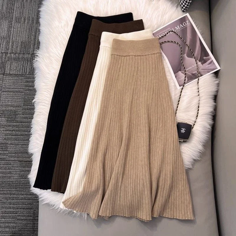 Elegant Knitted Midi Skirts Women Fashion Black White Pleated Skirt Fall Winter Ladies Korean High Waist Slim A Line Faldas