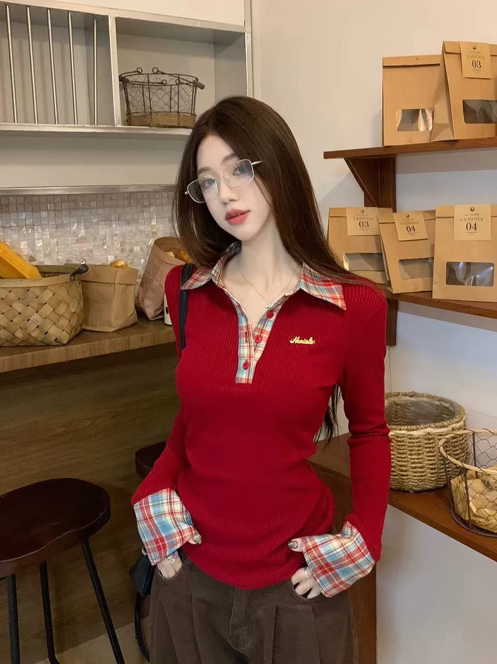 Lapel Plaid Patchwork Long sleeve T shirt Women Preppy Style False 2 Piece Basic Top V neck Button Blouses Tees 2026 New Spring