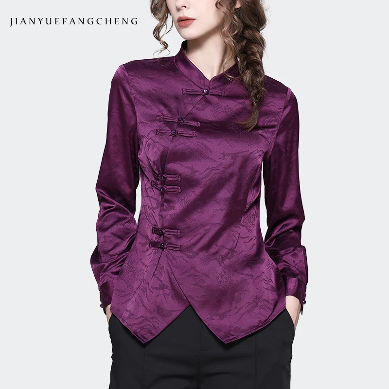 Vintage Chinese Style Women Purple Satin Jacquard Blouse Elegant Slim Long Sleeve Turtleneck Tops Chic Button-down Shirts