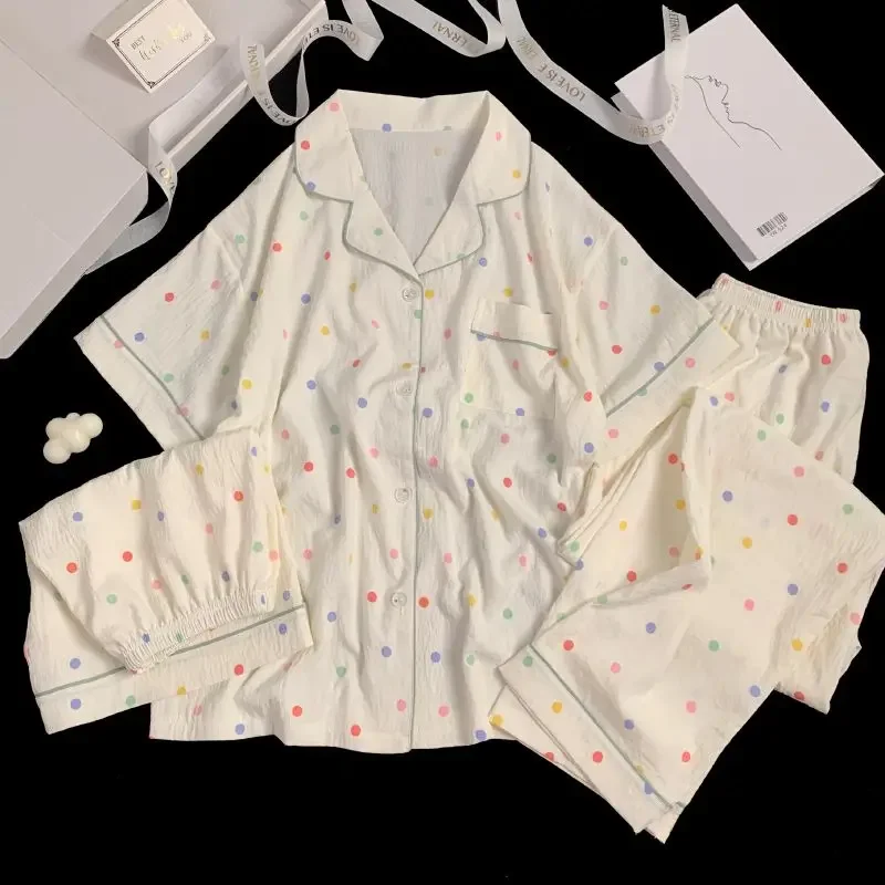 

2025 Spring/Summer New Women's 3pc Pajamas Colorful Cartoon Print Cloud Cotton Sleepwear Fashion Casual Y2k Lady Home Clothing