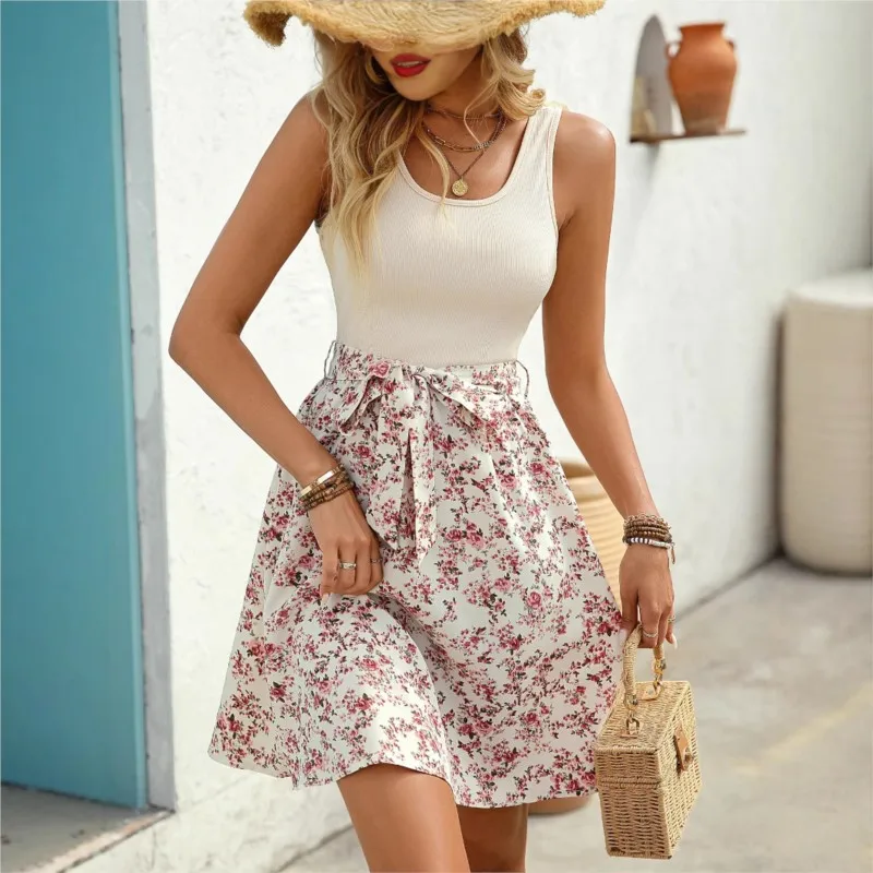 Elegant Women's Contrast-colored Sleeveless Dress For Spring And Summer Fashionable Round-neck Fake Two-piece Stitching Vestidos