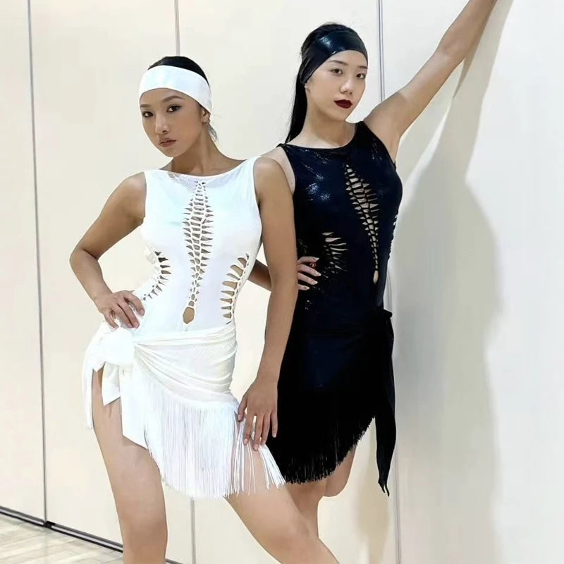 2025 Sexy Uitsparing Lederen Top Kwasten Rokken Dames Samba Latin Danswedstrijd Kostuum Volwassenen Ballroom Dans Slijtage SL13690