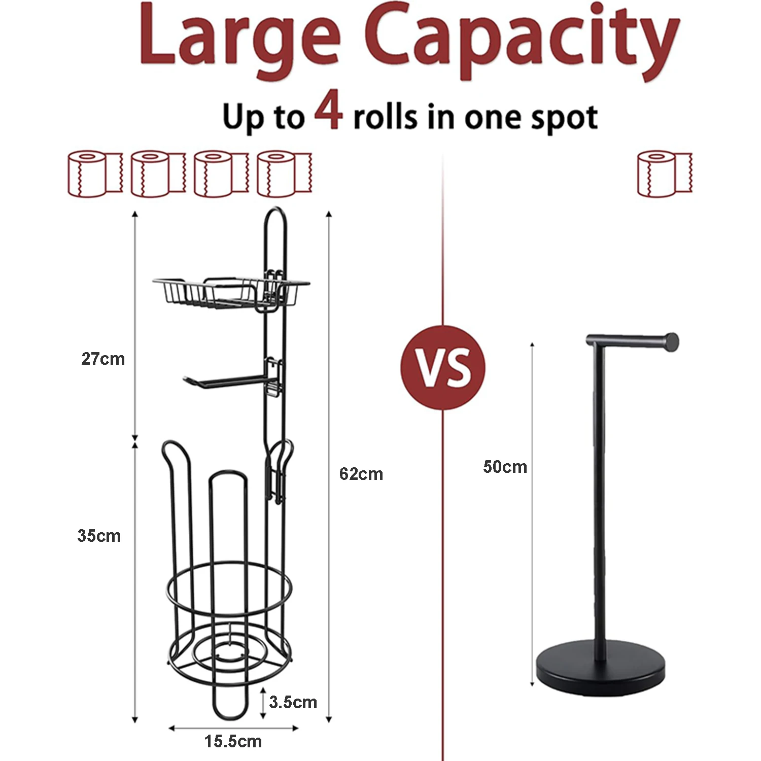 Toilet Paper Holder Stand Bathroom Toilet Paper Storage with Raised Base, Tissue Paper Roll Dispenser with Top Shelf