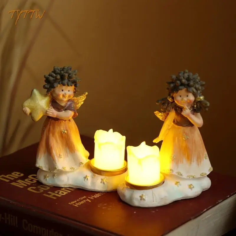 Home Decor American Country Pastoral 2 Cute Curly Angels Gift Candlestick Atmosphere Decoration Christmas Gift Resin Ornaments