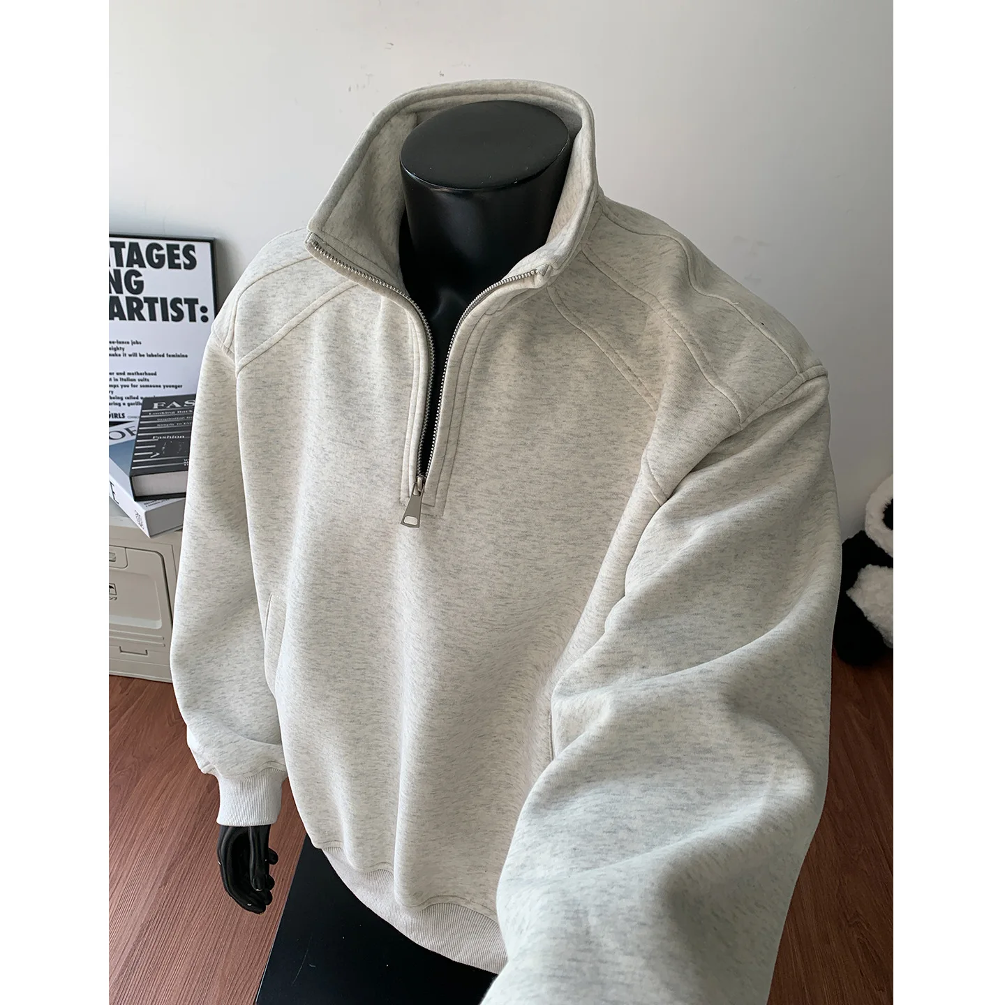 2026 spring and autumn new men's semi-zipper stand-up collar sweater heavy loose coat