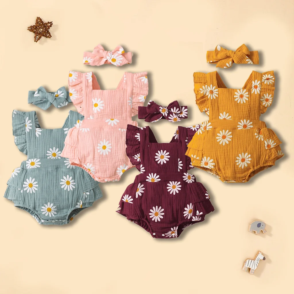 2PCS Summer Newborn Baby Girl Romper Flutter Sleeve Cotton Bodysuit+Headband Little Daisy Jumpsuit for Infant Girl 0-18 Months