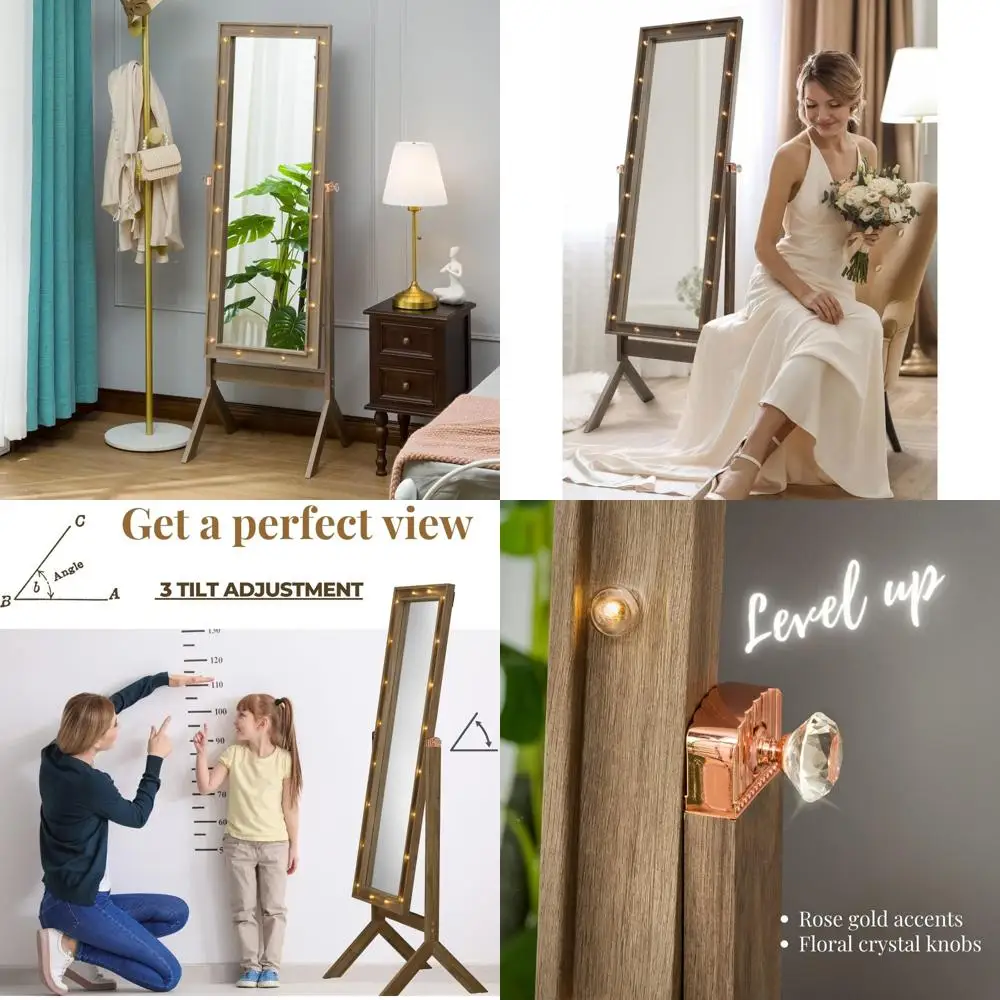 Grote vrijstaande geruite spiegel met verlichting, hoge vloerspiegel voor slaapkamer, rustieke bruine afwerking, volledige lengte spiegel met licht