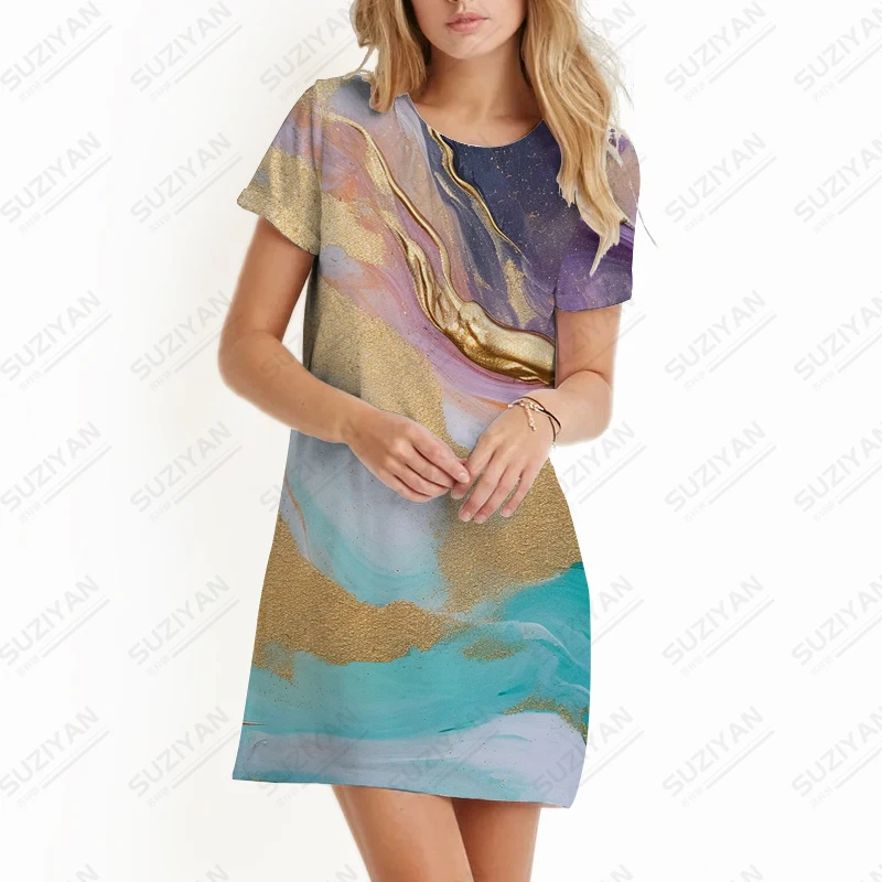 Vestido de manga corta informal para mujer, vestido de fiesta de oficina suelto, moda Simple, vestido de verano para mujer, textura de mármol, estampado 3d