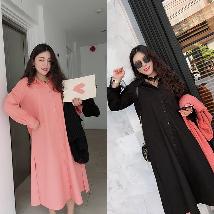 

Loose Korean Sle Midi Dr plus Size Faion Color Flattering for a Slightly Plump Figure Button Detail Long Sve Dr