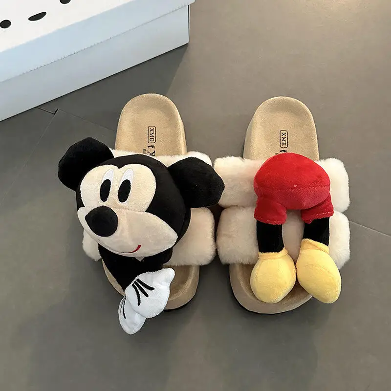 

Cute Disney Mickey Cartoon Woman Plush Thick Sole Slippers Spring Fashion Comfortable Wear Outside Female Indoor Cotton Slippers
