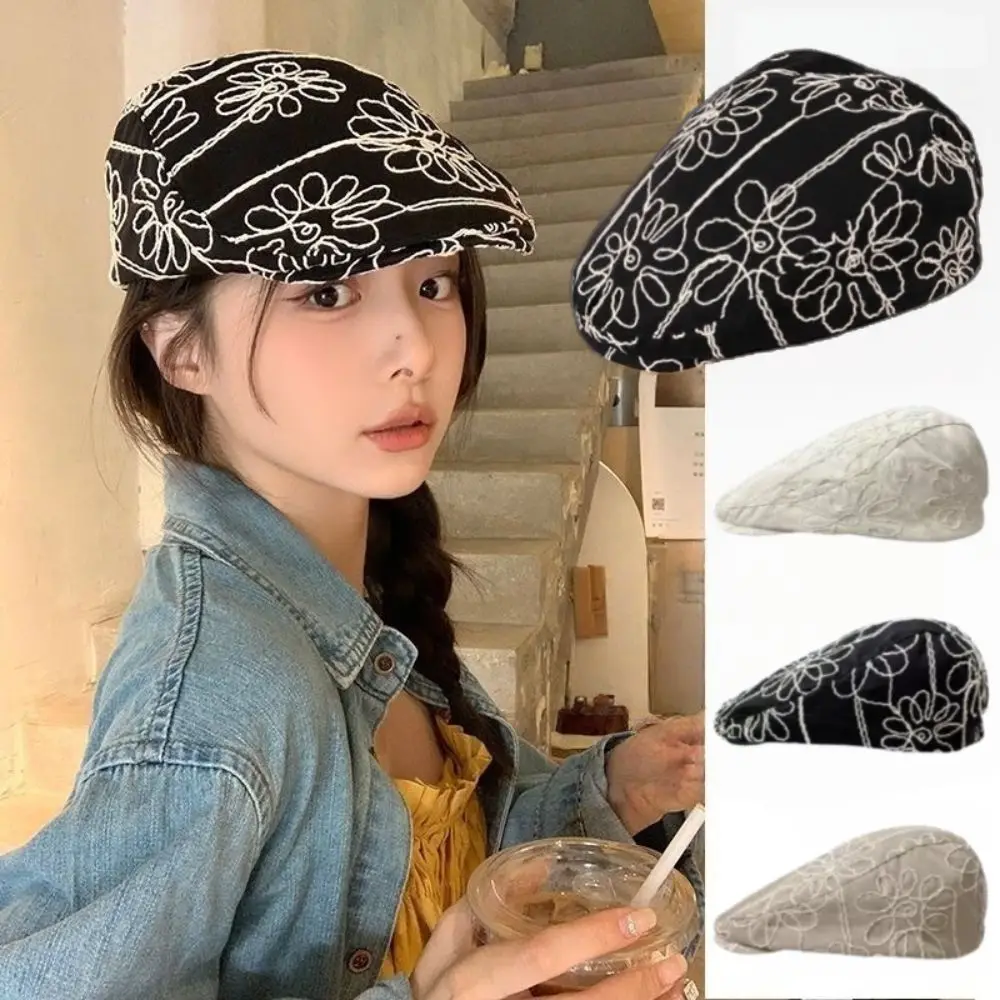 Gorra Retro de Moda con Bordado Floral, Estilo Coreano, Boina Dulce y Picante, Casual y Versátil, Sombrero Británico para Mujer