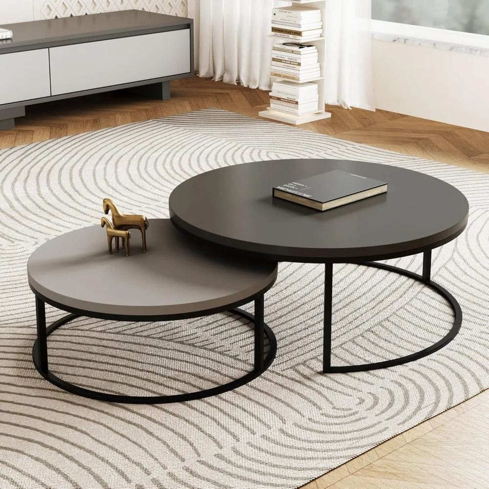 Conjunto de mesa de centro redonda moderna, mesas de coquetel aninhadas com pernas de metal preto, cinza escuro/cinza claro, fácil montagem, 31,5/23,7 inc