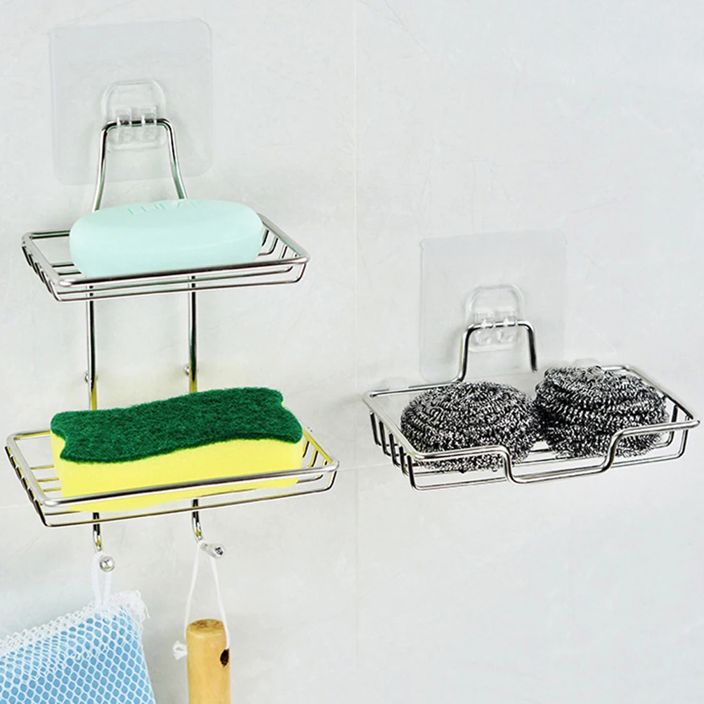 

2Pcs Draining Soap Dish Sucker Rack Stainless Steel Wall Mounted Holder For Bathroom Kitchen Tiles Glass Surfaces