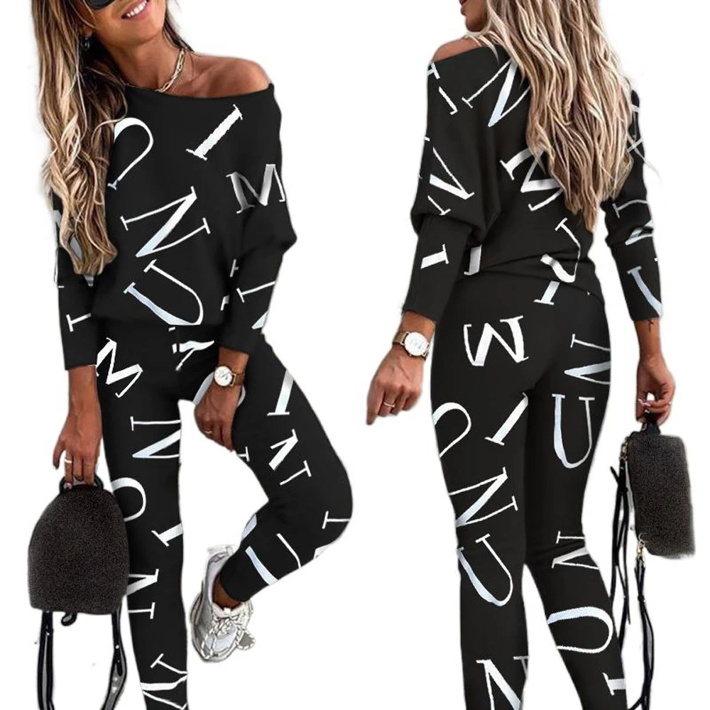 2023 Casual Set Pants Suit Women Tracksuits Harajuku Long Sleeve Letter Printed Sweatshirt Elastic Waist Pencil High Waist Pants