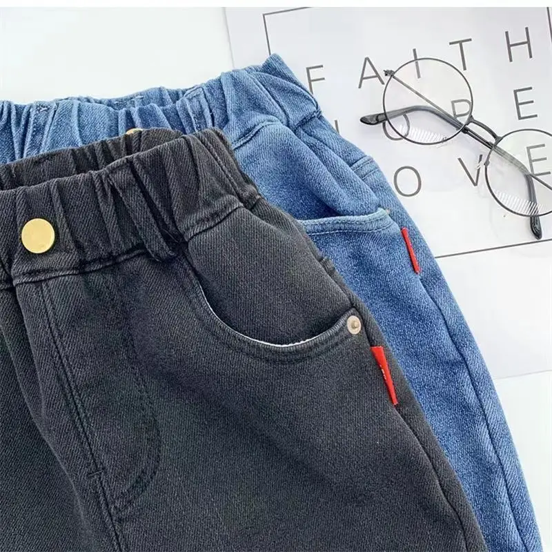 Jeans sarouel doublés en peluche pour garçons, pantalons en denim épais pour enfants, pantalons taille haute élastiques baggy, plus velours chaud,