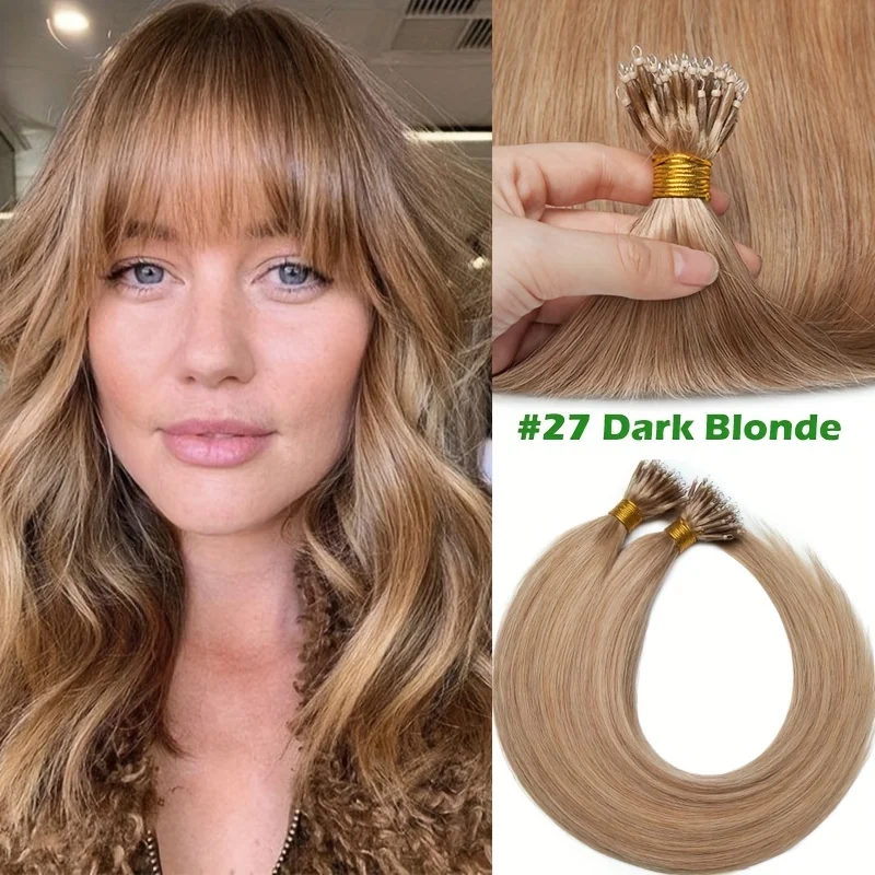 

50 шт., нано-бусины, человеческие волосы, темно-русые мелирование, средний блондин, нано-кольцо, человеческие волосы, 12-20 дюймов, нано