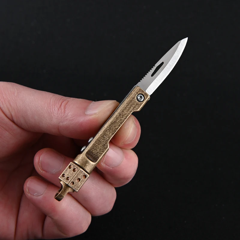 Brass Folding Knife With Dice Head Portable Keychain Mini Knife Outdoor EDC Multtool Camping Survival Cutter Unboxing Opener