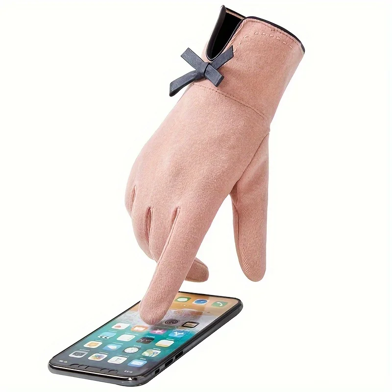 Gentle Bowtie Winter Driving Gloves for Women, Thickened and Plush for Winter Warmth, Windproof Riding, Velvet for Touch Screen