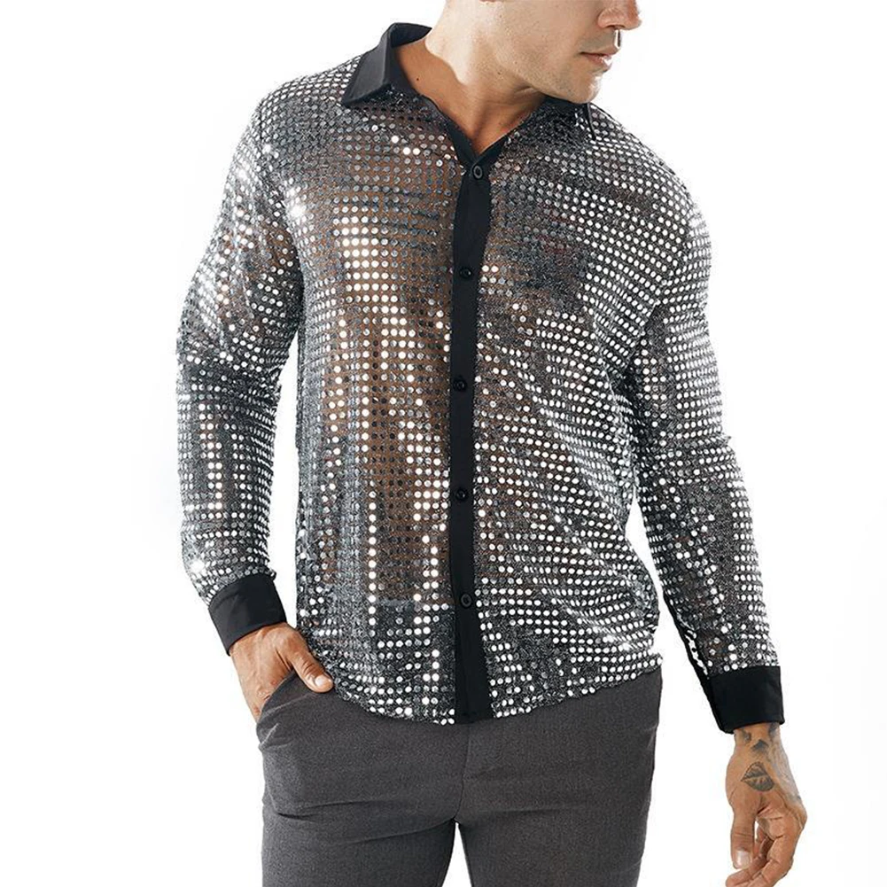 Mens Fashion Holographic Shiny Sequins See Through Mesh Costumes Shirts Clubwear Evening Dance Performance Top Shirt Clothing