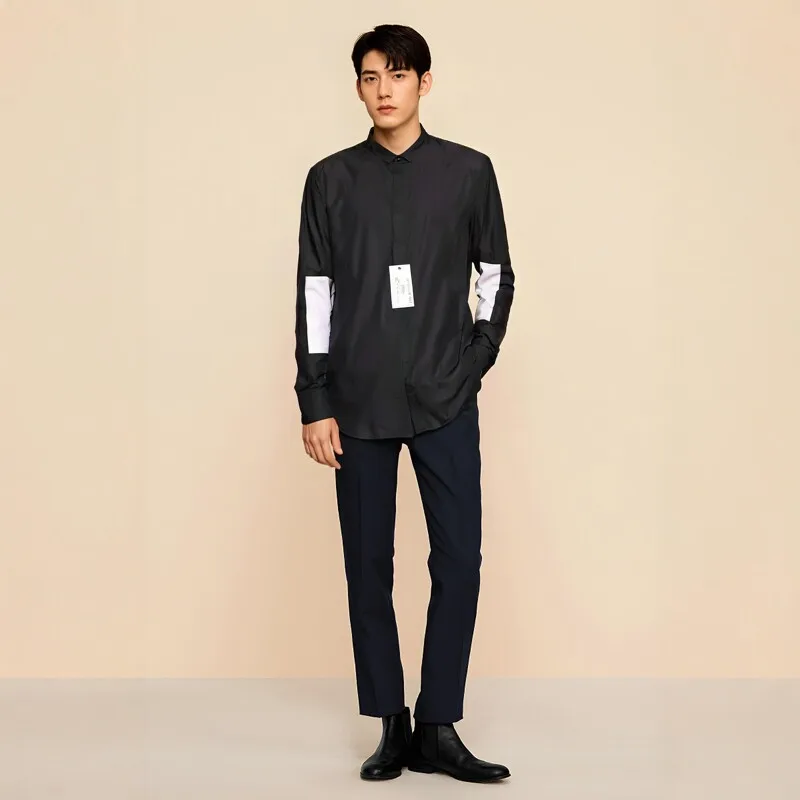 S-6XL 2026 Roupas Masculinas e Femininas para Cabeleireiros Unissex, Camisa Minimalista Preta e Branca com Gola Quadrada Pequena e Detalhes em Patchwo