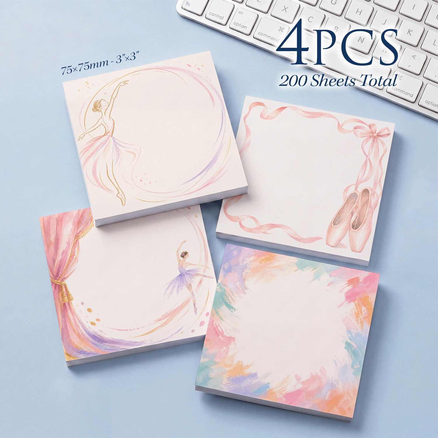 4pcs Ballet Sticky Notes Set, Elegant Dancer Self Stick Memo Pads, 200 Sheets Total, Aesthetic Art Notepad, Removable Adhesive
