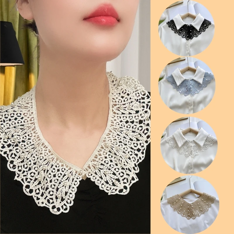 Pearl Knit Women Fake Collars Sweet Cute Lace Neck Ties Shirt Elegant False Collar Solid Color Simple Shawl Detachable Collar