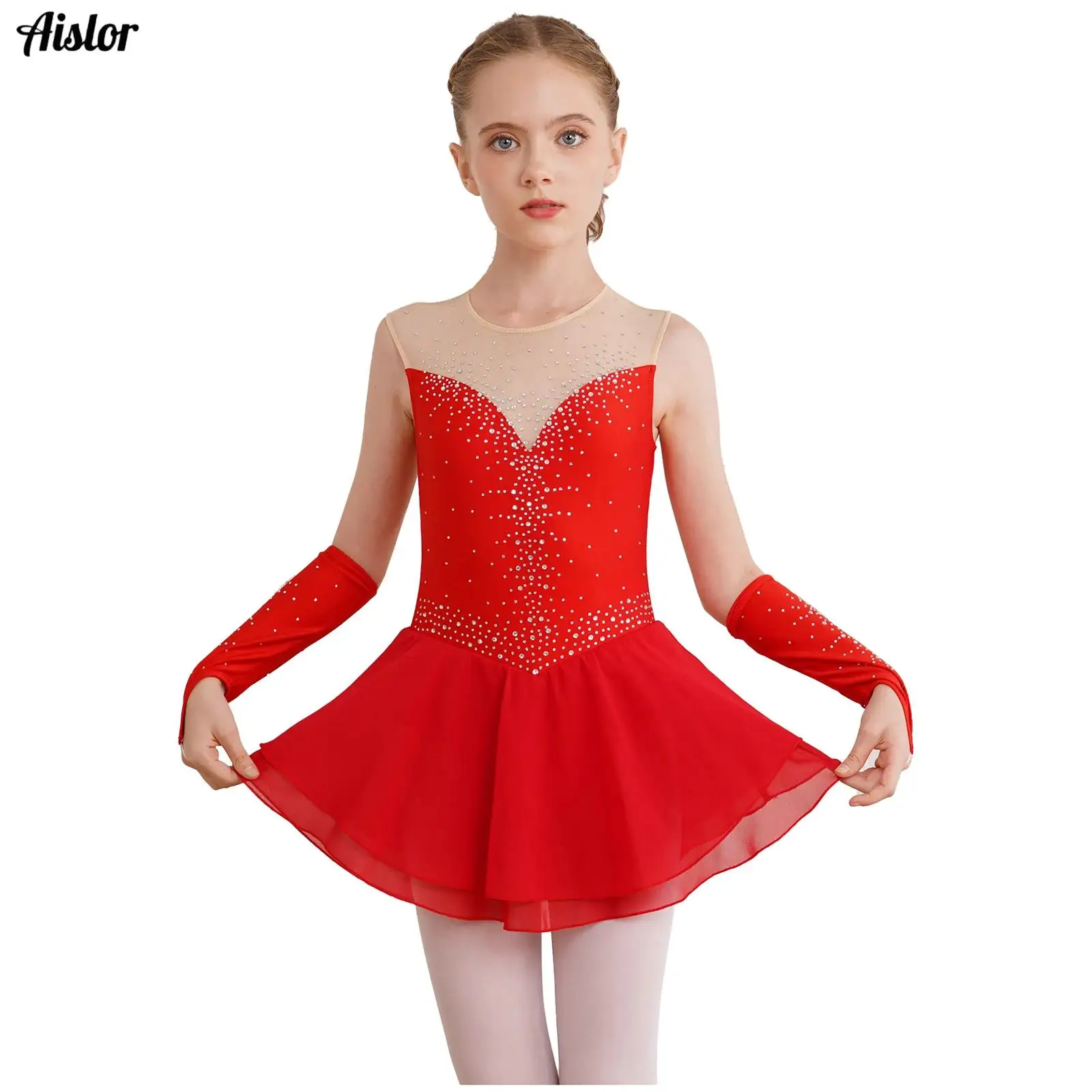 

Kids Girls Ice Skating Dress Ballet Dance Gymnastics Leotard Competition Dancewear Chiffon Sleeveless Mesh Skirted Dress+Gloves