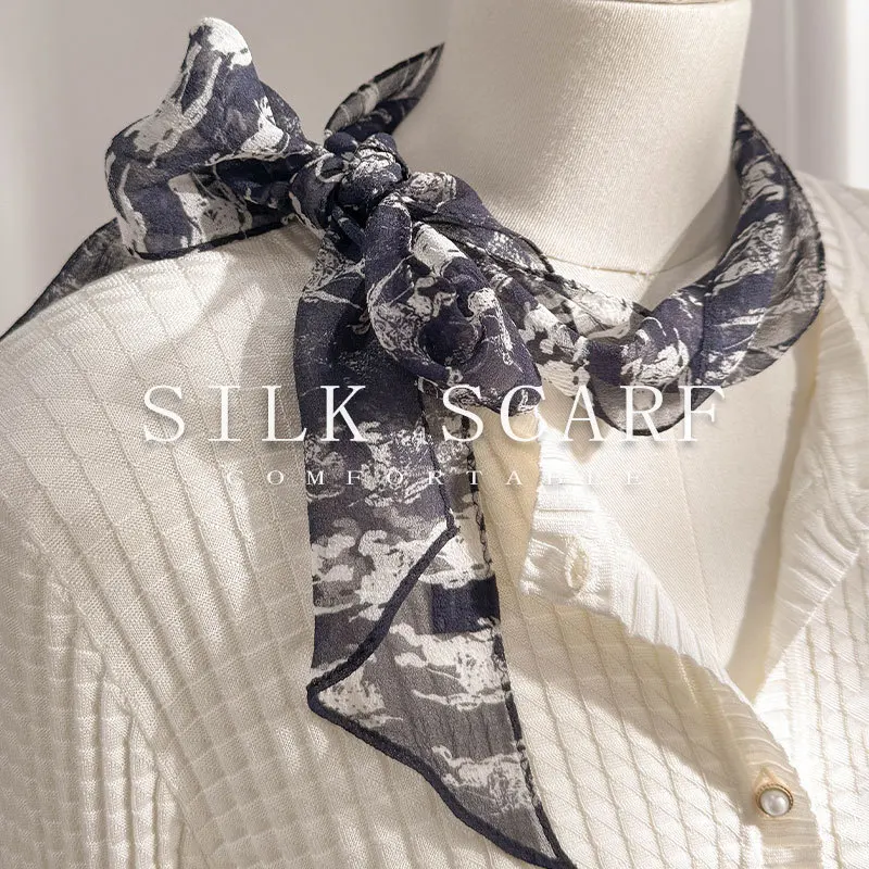 

Korean Version Retro Spicy Dyeing 100% Silk Scarf for Women Versatile Design Sweet Cool Long Thin Soft Scarf Headband Decorative