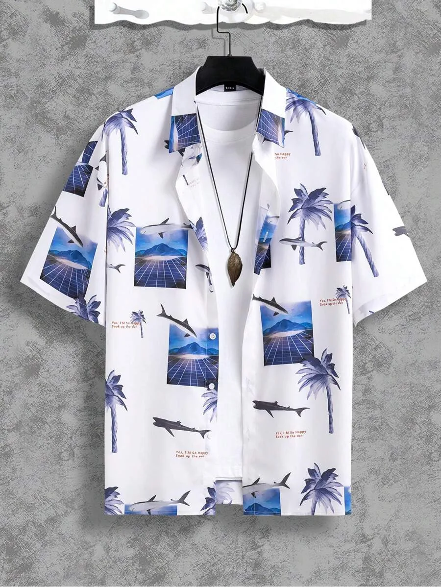

Men Women Casual Short Sleeve Shirts Botanical Print Pattern Fashion Cute Lapel Button Tops