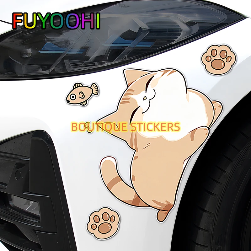 

FUYOOHI Cartoon Cat Stickers Motorcycle Front Cowl Side Fairings Vinyl Decals Window Bumper Windshield Scratch Covering Decor