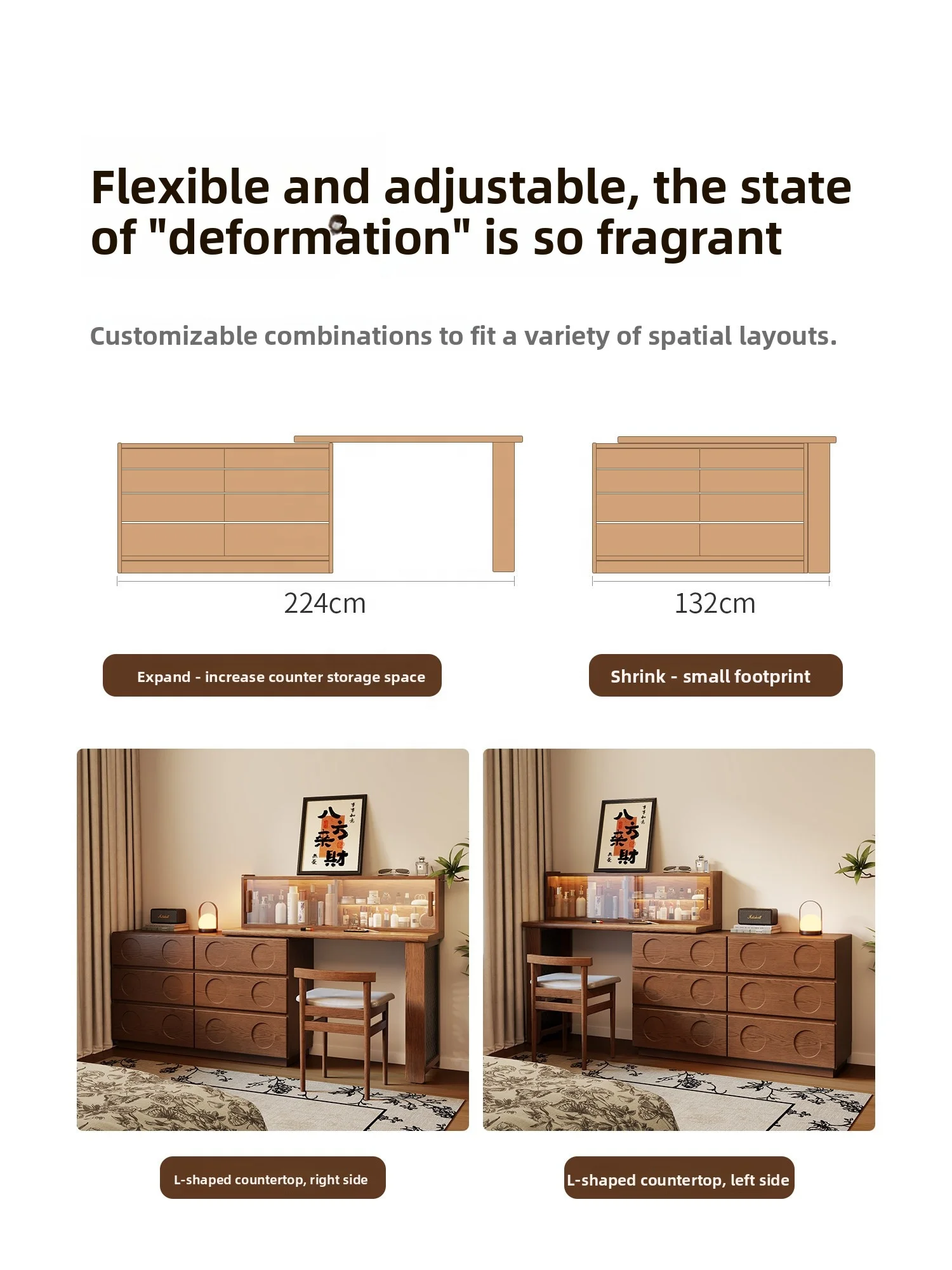 #Solid Wood Mid-Century Modern 6-Drawer Chest Dressing Table Combo Mirror Light-Luxury Bedroom Bedside Storage Cabinet