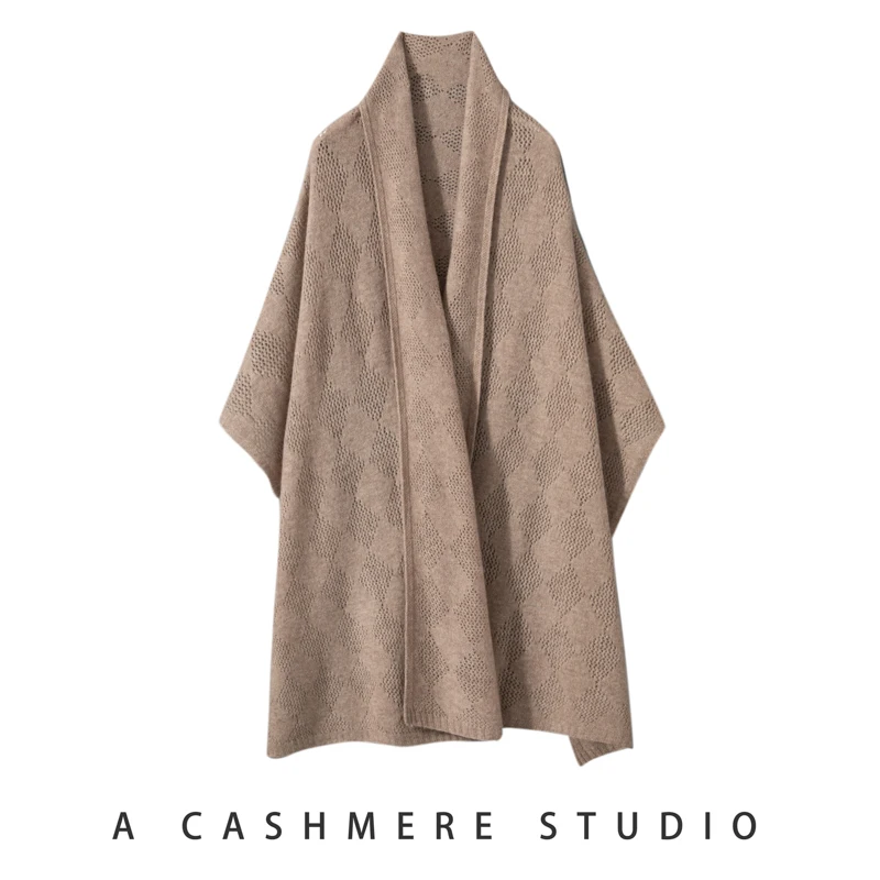 

High Quality 100% Pure Cashmere Fashionable Warm And Cold Proof Outdoor Casual Women's Scarf Solid Color Hollow 0ut Large Shawl