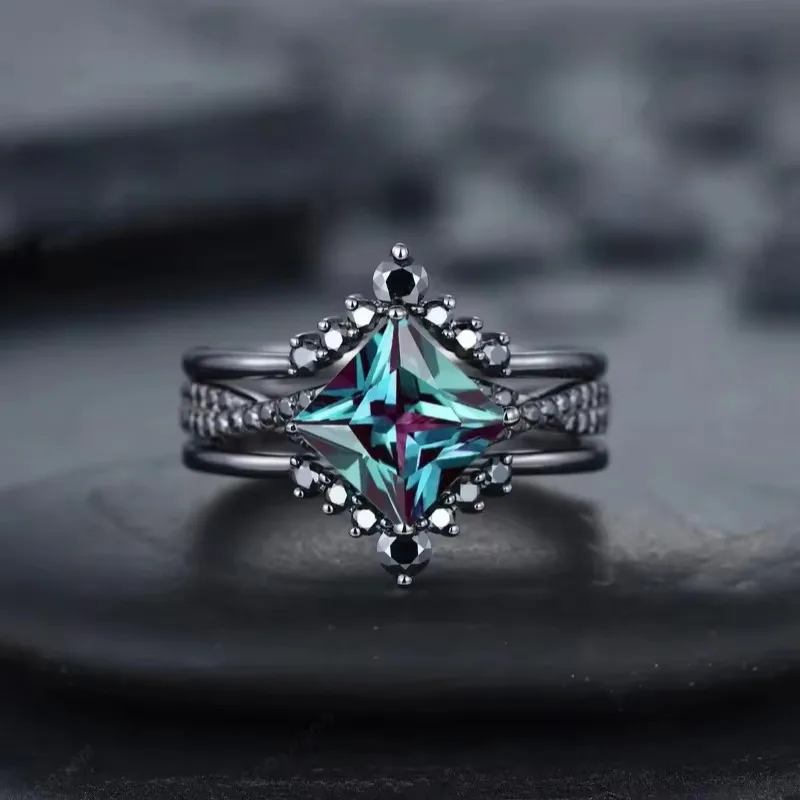 European and American new fashion black-plated gun geometric blue zircon inlaid personalized simple women's three-piece ring