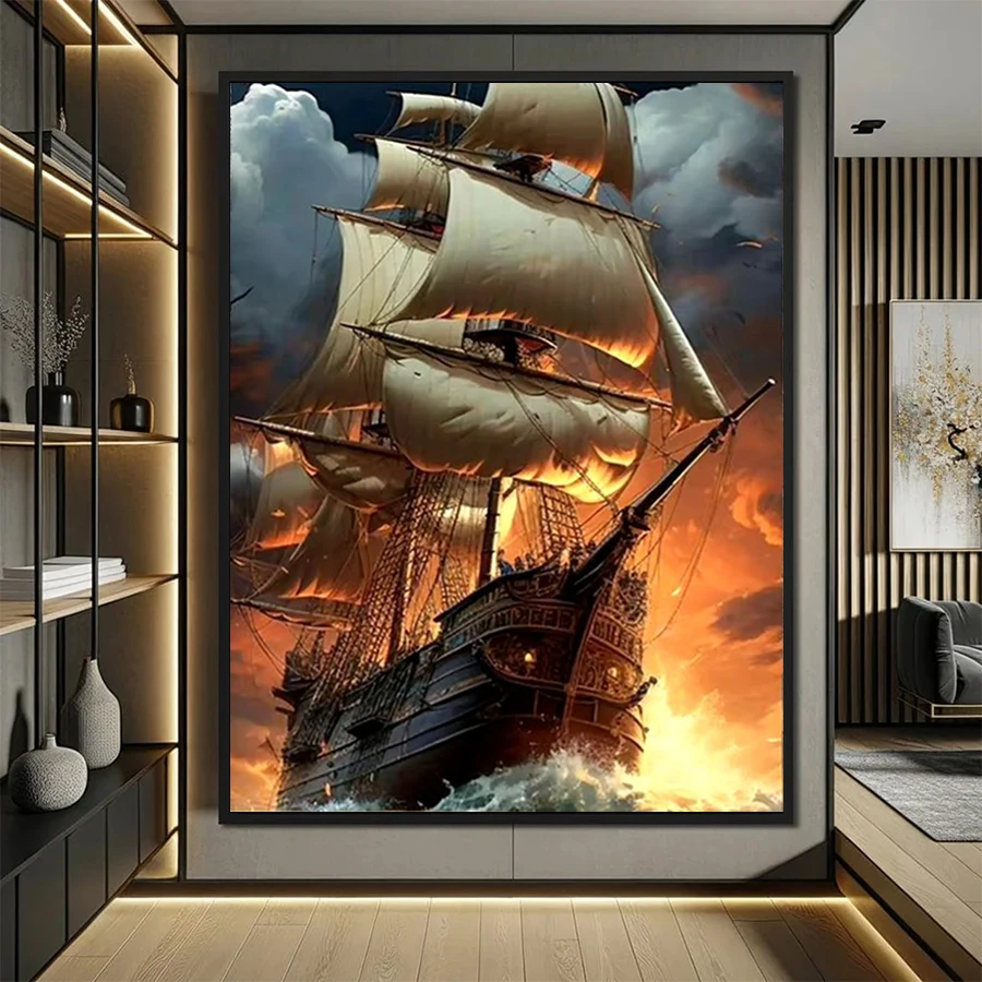 DIY Diamond Painting Sunrise Sea View Pirate Ship Rhinestone Diamond Mosaic Full Drill Embroidery Cross Stitch Handmade Hobby