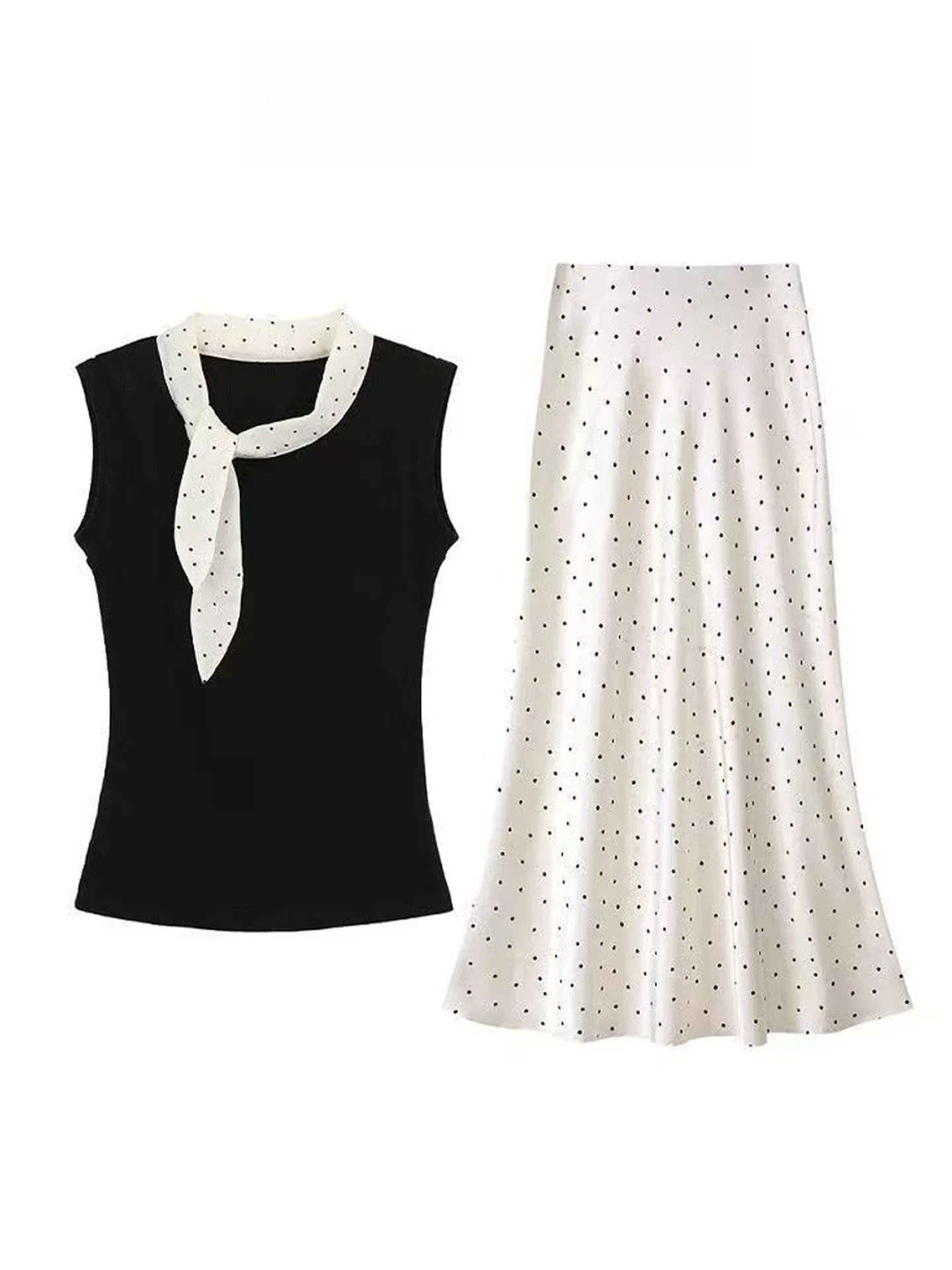 

Summer Polka Dot Sleeveless Vest Dress Women's Fashion Set High Waist Long Skirt Sweet Style Casual Vacation Teenage Girl