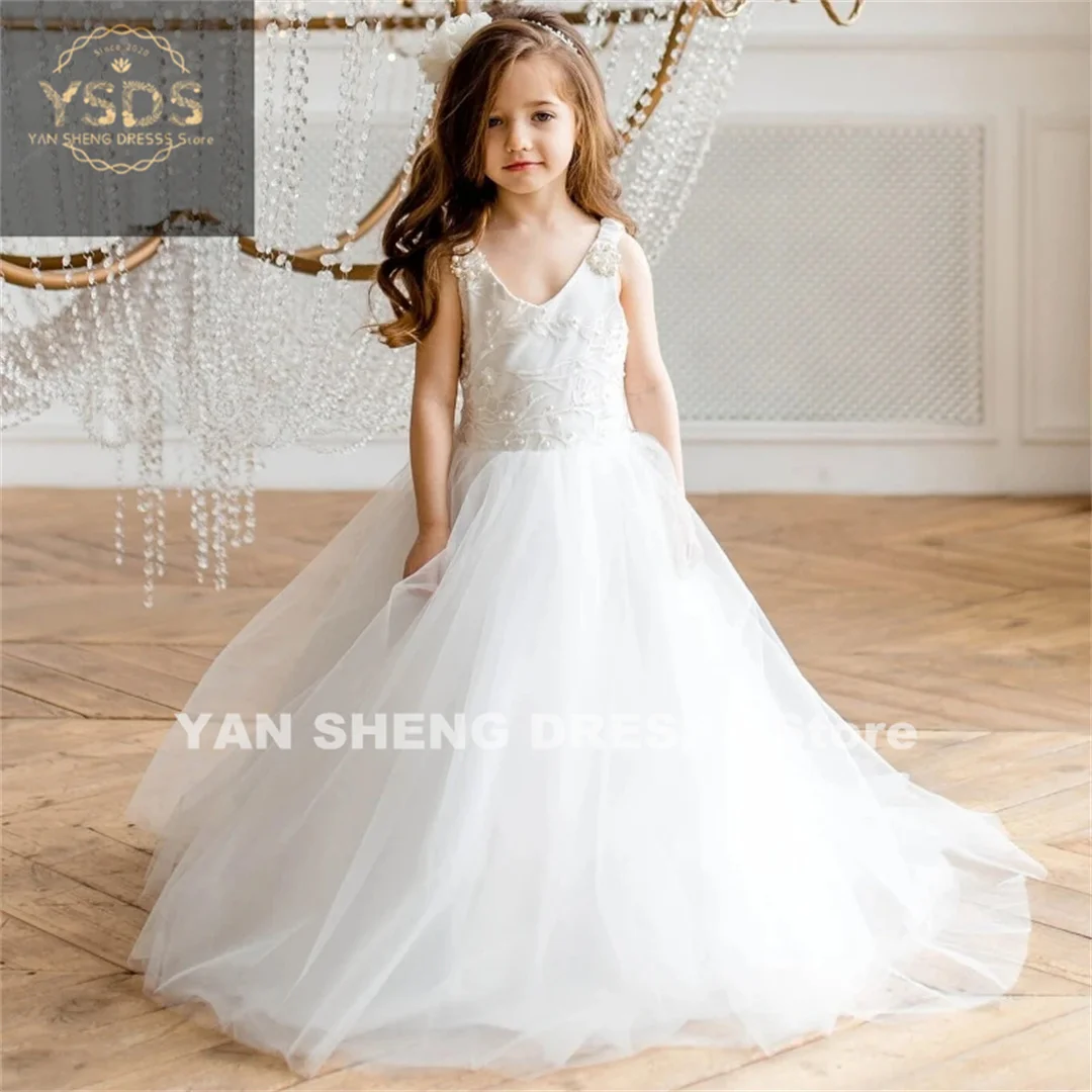 

Flower Girl Dresses White Tulle Puffy Appliques With Bow Sleeveless For Wedding Birthday Banquet First Communion Gowns