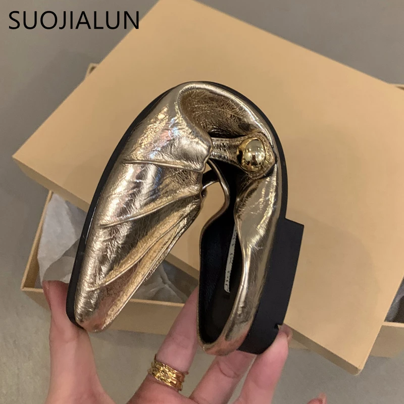 SUOJIALUN 2024 Spring New Brand Women Slipper Fashion Pleated Round Toe Slip On Mules Shoes Round Toe Outdoor Dress Sandal Shoes