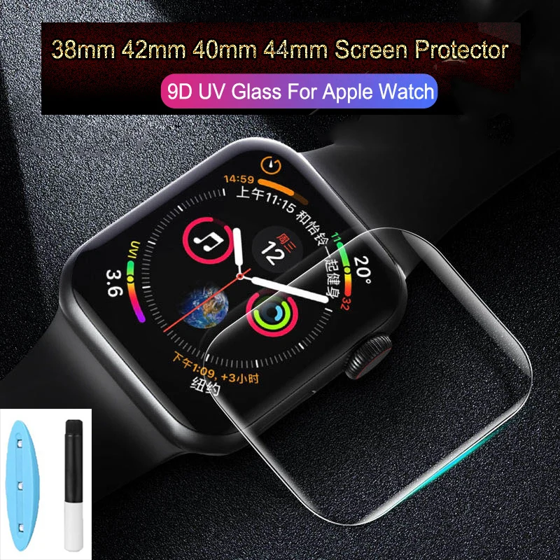 UV liquid Glue Tempered Glass For Apple Watch 9 8 3 4 5 6 SE 7 Protective Film iWatch Series 42 40 44 41 45 MM Screen Protector