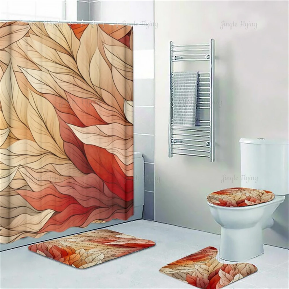 Four-Piece Bathroom Set Shower Curtain Floormat Floor Rug Bathmat Bath Beige Red Brown Leaves Fall Decor