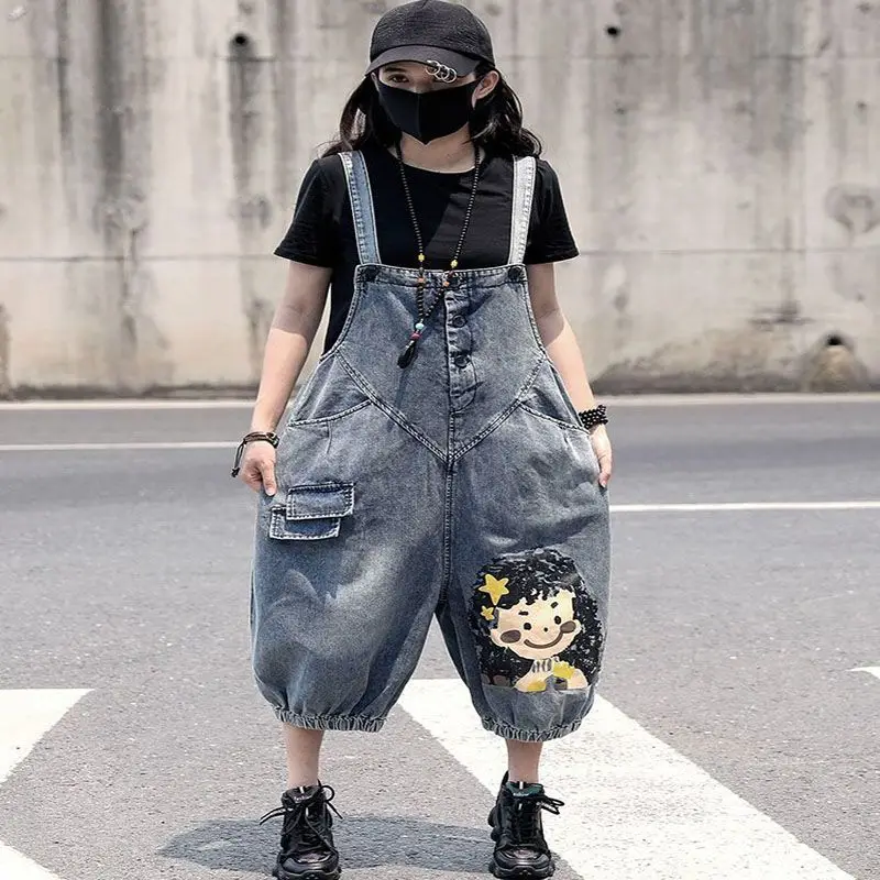 Vintage Jumpsuit Streetwear Y2k Women New Summer Lightweight Fashion Loose Straight-Leg Cuffed Jumpsuit Washed Harem Denim Pants