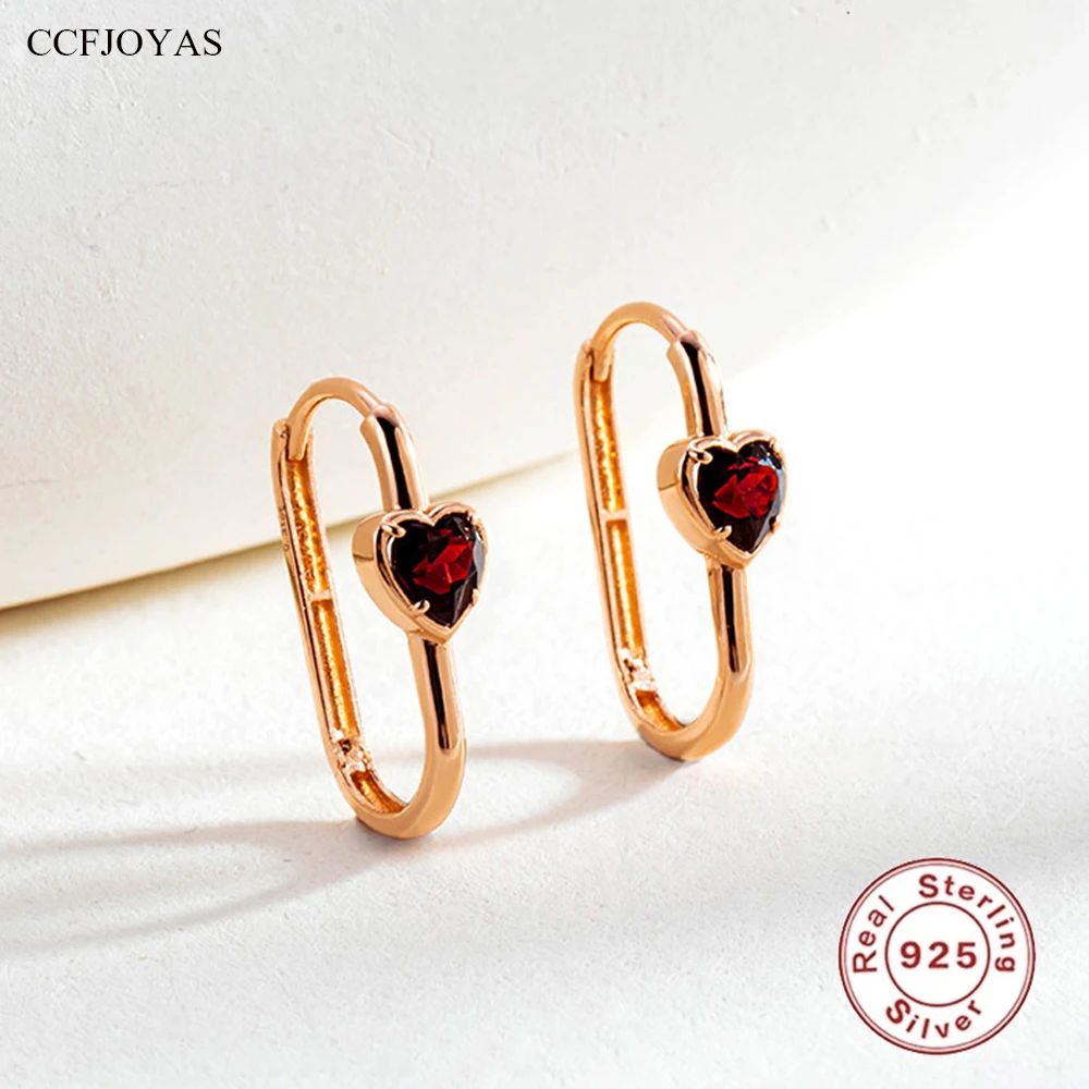 

CCFJOYAS 100% 925 Sterling Silver Plated 18K Champagne Gold Love Earrings for Women Heart Pomegranate Red Zircon Hoop Earrings