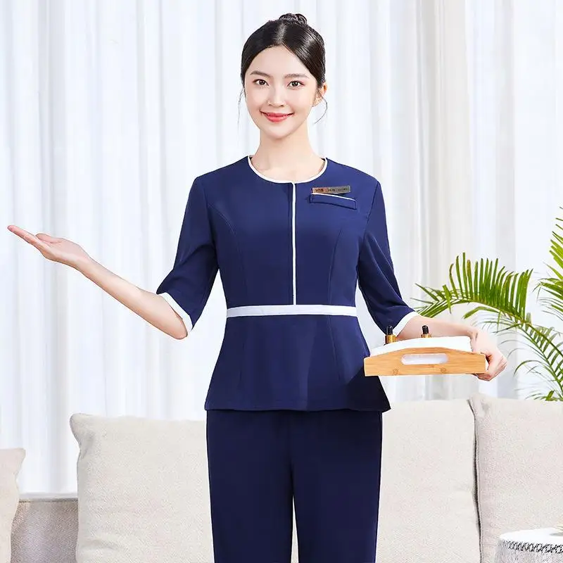 Anti Wrinkle Silky Beauty Technician Uniform Printed Logo Professional Spa Foot Massage Work Clothes Mid Sleeve Set For Women