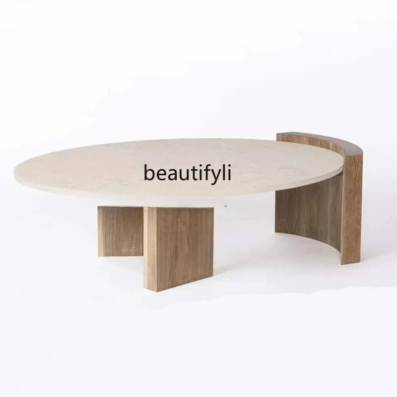 

French-style Marble Coffee Table for Living Room, Small Apartment, Light Luxury, Round, Vintage, Solid Wood, Minimalist