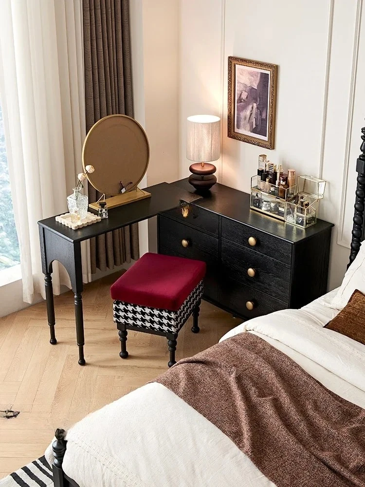 

Solid Wood Dresser Bedroom Living Room Storage Cabinet French Retro Black Chest of Drawers Retractable