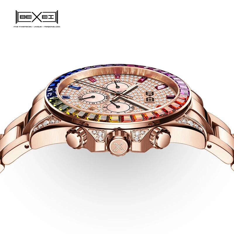 BEXEI 9155 Rainbow Crystal Bezel 360 zircons Dial movement mechanical watch Luxury sapphire 5ATM waterproof