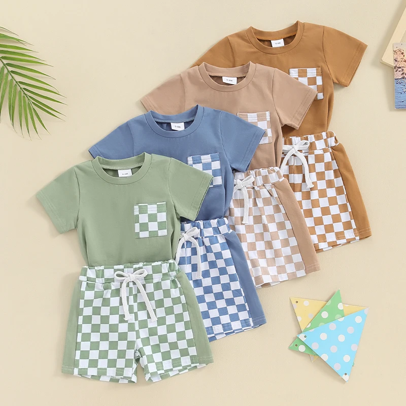 

2Pcs Baby Boy Summer Outfits Casual Short Sleeve Tops + Checkerboard Printed Shorts Set Toddler Boys Clothes