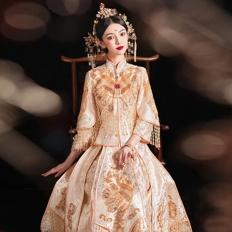 

3 Models Wedding Summer New Chinese Clothing Traditional Wedding Bridal Dress Golden Temperament Bridesmaid Xiuhe Dress Suit