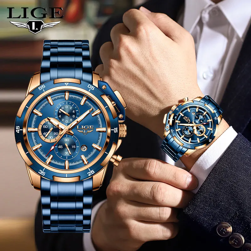 

LIGE Luxury Casual Men Watch Fashion Chronograph Stainless Steel Waterproof Luminous Date Military Male Wrist Watches Clock Gift