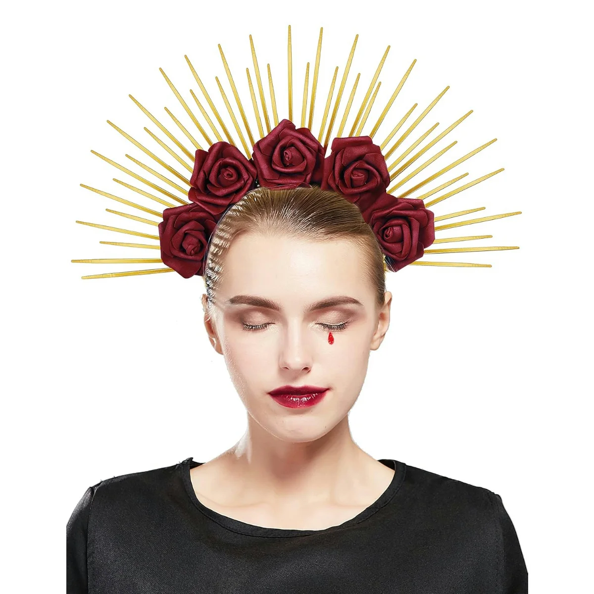 Gothic Halo Crown with Roses,Womens Mexican Flower Goddess flower Spiked Sun Headpiece for Cosplay Halloween Costume