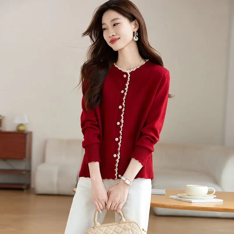 

Fashion Round Neck Sweater Jacket 2025 Spring and Autumn New Fashionable Lace Knitted Cardigan Top Korean Version
